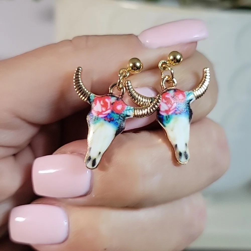 Floral Longhorn Drop Earrings - Picture 6 of 6